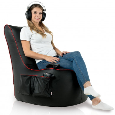 Gaming Sitzsack Sessel Kunstleder mit rotem Keder