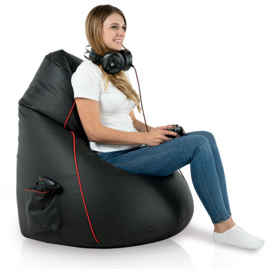 Gaming Sitzsack Kunstleder mit rotem Keder