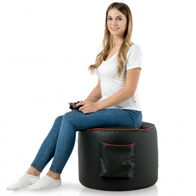 Gaming Sitzpouf Cubo Kunstleder mit rotem Keder