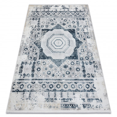 Moderner Teppich DUKE 51542 creme / blau - Rosette vintage, strukturiert, sehr weich, Fransen