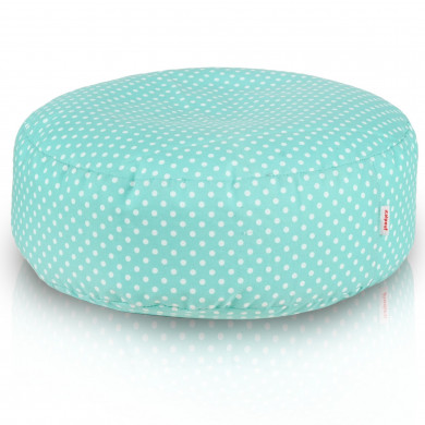 Pastellfarbener Fußhocker mit Punkten – weich, gestrickt, türkis mit Polka-Punkten