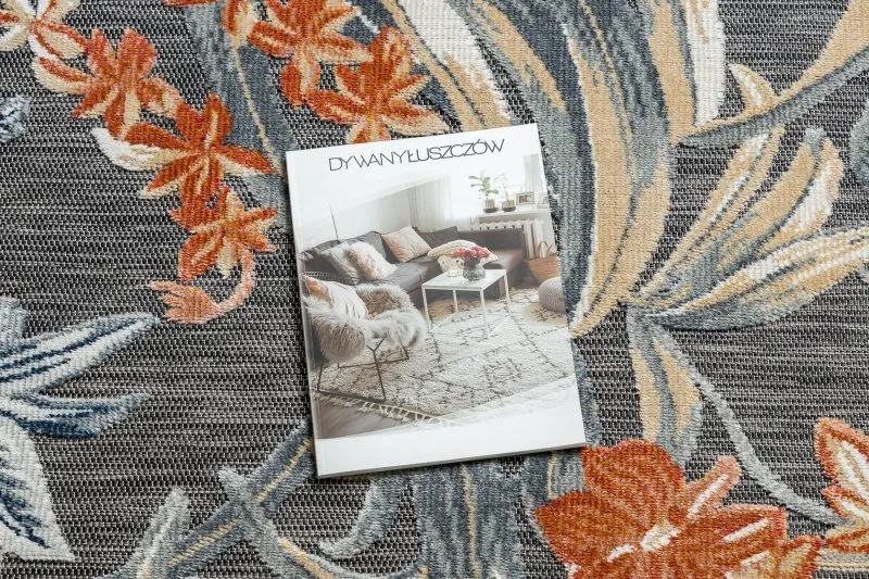 Dywan Strukturalny BOTANIC 65262 Kwiaty, liście płasko tkany, na balkon, taras - czarny