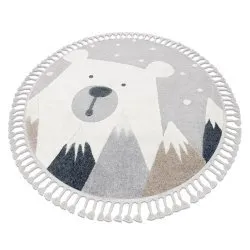 Teppich YOYO EY81 Kreis grau / weiß - Bär, Berge für Kinder, strukturell, sensorische Fransen