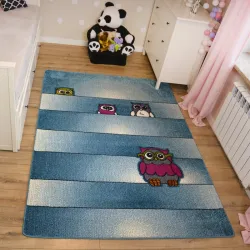 Blauer Kinderteppich mit Eulenmotiv, stilvolle Ergänzung für das Kinderzimmer