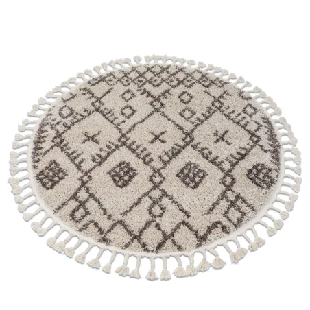 Runder Teppich in Creme und Braun mit Fransen, marokkanischer Stil, shaggy