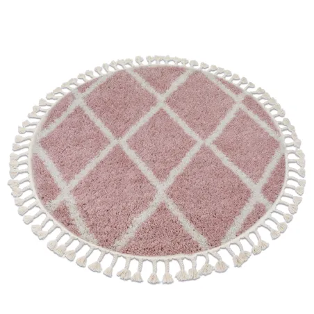 Runder Teppich in Rosa und Weiß mit Berberfransen