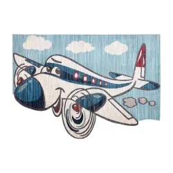 Kinderteppich TOYS 75320 Flugzeug für Kinder - modern, unregelmäßige Form, 3D-Effekt, marine - türkis / creme